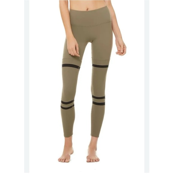 ALO Olive High-Waisted Leggings with Black Stripes - Picture 1 of 9
